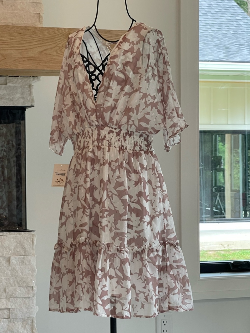 Smocked Waist V-Neck Midi Dress in Blush Floral